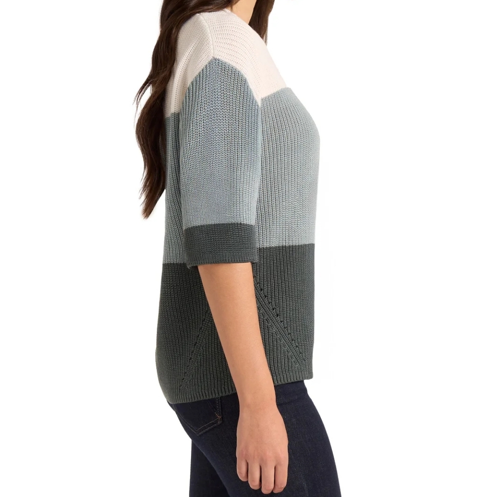 Matty M Women's Elbow Sleeve Colorblock Sweater - White and Green - Picture 2 of 5